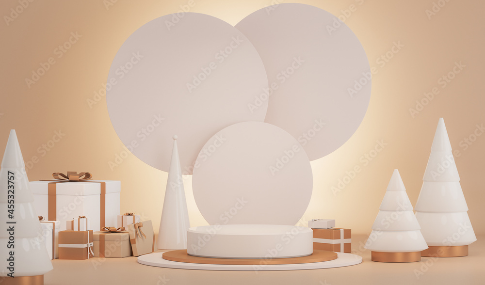 Minimal scene with, balls and pine trees, podium. Midnight green, blue shapes. For christmas holiday winter concep and magazines, poster, banner. 3D rendering
Minimal scene with, balls and pine trees, podium. Midnight green, blue shapes. For christmas holiday winter concep and magazines, poster, banner. 3D rendering