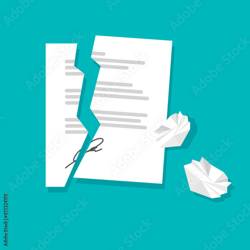 Broken or torn contract and crumpled sheets of paper. Deal termination concept. Partnership cancelation. Vector illustration.