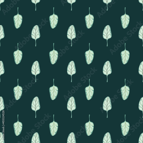 Seamless pattern Spinach salad on dark teal background. Minimalistic ornament with lettuce.