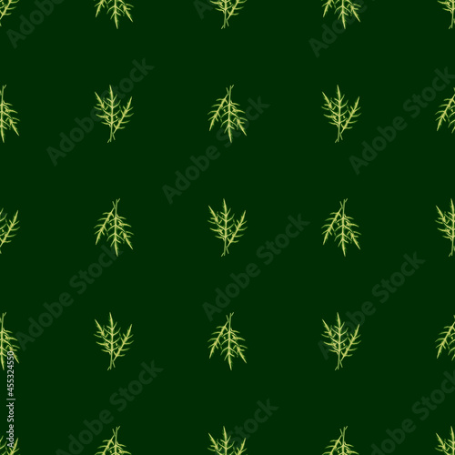 Seamless pattern bunch arugula salad on dark background. Minimalistic ornament with lettuce.