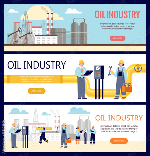 Set of backgrounds for web templates for oil industry. Collection of vector flat cartoon illustrations with workers and buildings of oil refinery and oil pipeline for landing design.