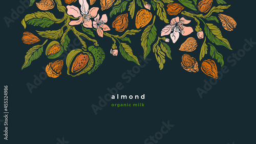 Almond texture template Vector tree Floral border
