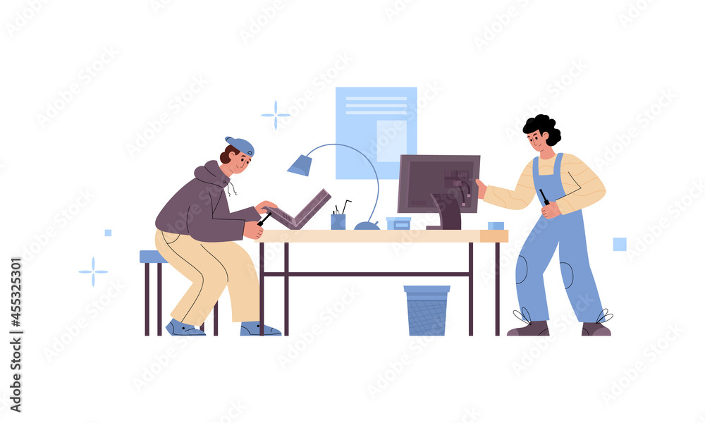 Computer service repairs or masters at work, flat vector illustration isolated.