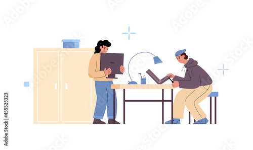 Male professional technicians working at computer service fix laptop and monitor