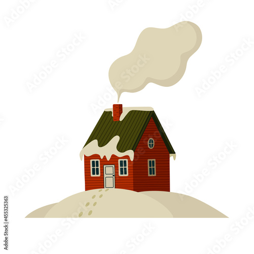 Mountain cabin. Red house in snowy mountains on light background.