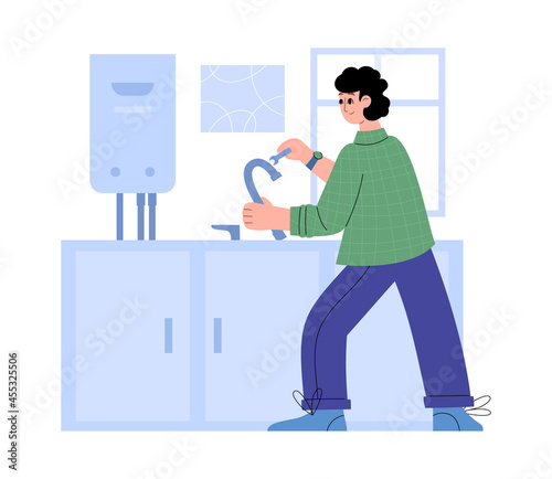 Plumber repairs broken faucet in kitchen, flat vector illustration isolated.