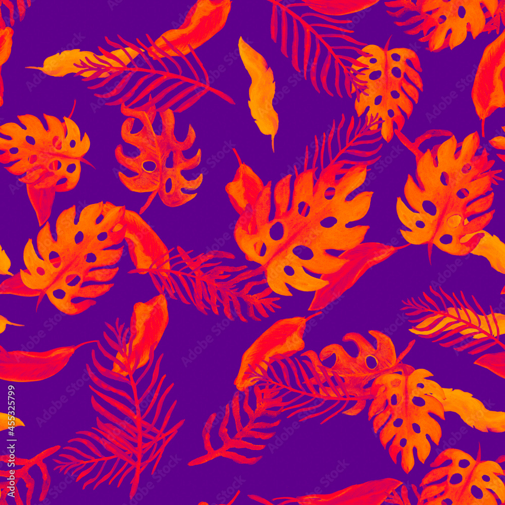 Monstera Pattern Wallpaper. Orange Seamless Monstera. Nature Print. Neon Watercolor Design. Tropical Monstera. Floral Garden. Summer Textile.Isolated Design.