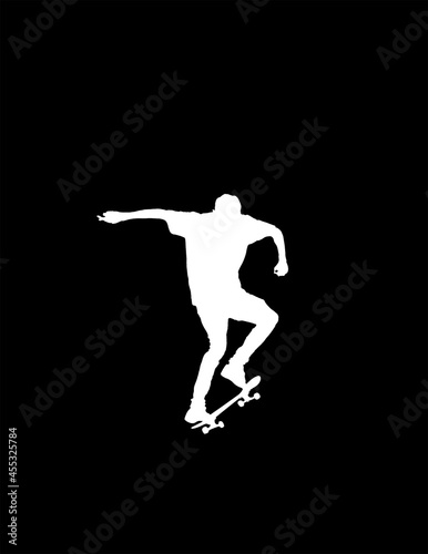 White silhouette of a skateboarder on a skateboard - black background