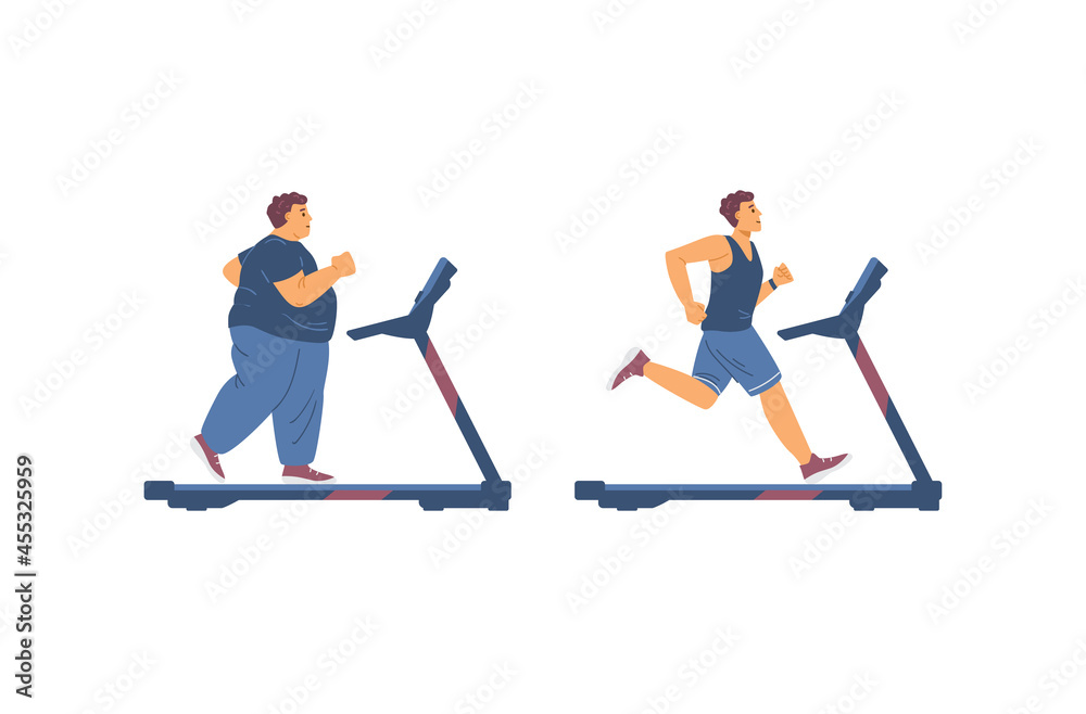 Fat and slender men exercising on treadmill, flat vector illustration isolated.