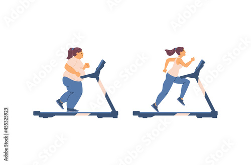Overweight and slim woman train on treadmill, flat vector illustration isolated.