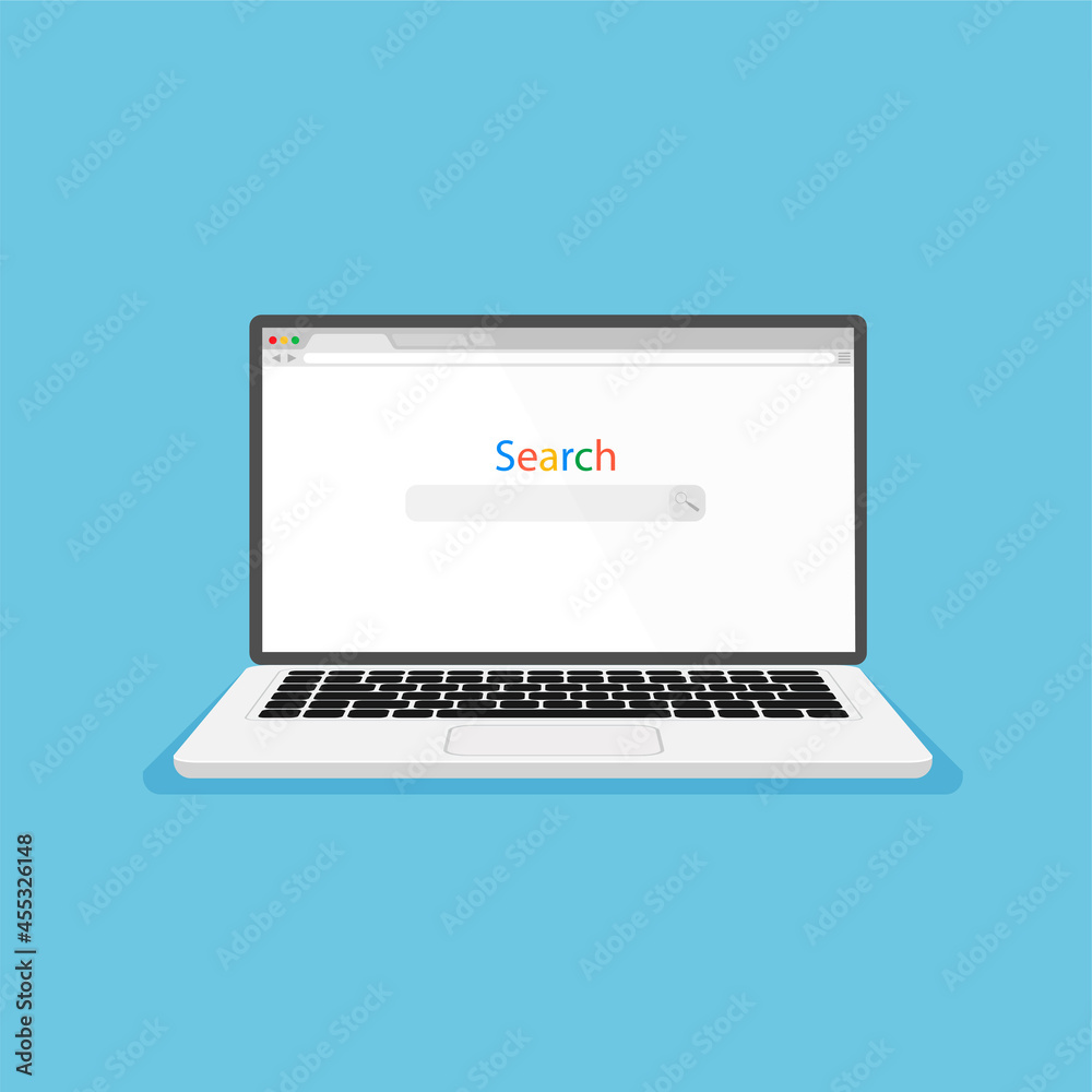 Open laptop and internet browser on a screen. Web window blank template in flat style. Computer front view. Vector illustration. Open laptop and internet browser on a screen. Web window blank template in flat style. Computer front view. Vector illustration.