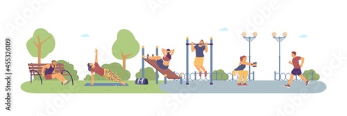 Backdrop with people doing outdoor sports, flat vector illustration isolated.