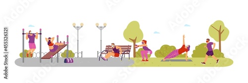 People training at street sport equipment doing physical exercises outdoor.