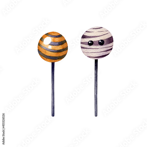 Watercolor halloween caramels. Two cute lollipops for Halloween party on white background isolated. Trick or treat?