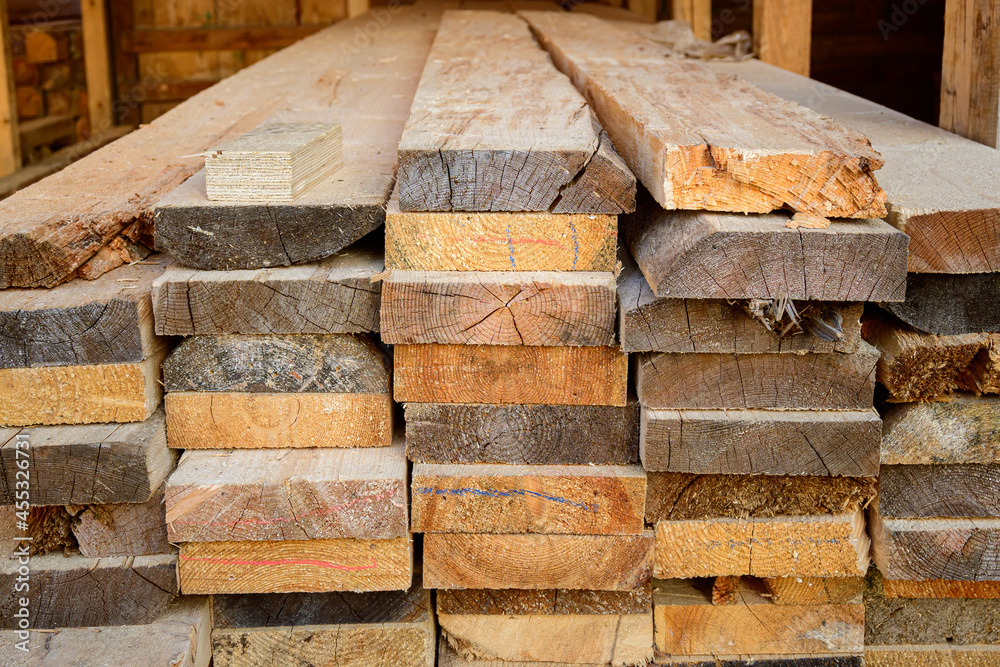 Timber in stacks, construction materials industry Timber in stacks, construction materials industry