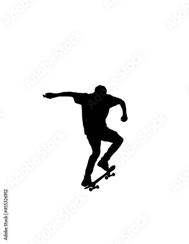 Black silhouette of a skateboarder on a skateboard - white background