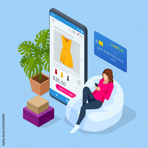 Isometric Online Store for Women. Clothing store, Online Shopping, Home delivery.