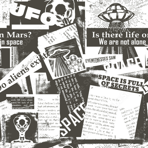 Vintage seamless pattern with a collage of newspaper clippings about UFOs and aliens. Background with old, unreadable text, titles and illustrations on the theme of space. Newspaper print from scraps.