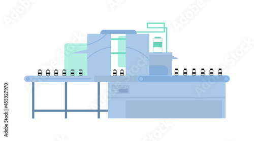 Automated line for mass vaccine covid-19 production on pharmaceutical factory.