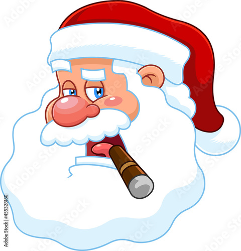 Funny Santa Claus Face Portrait Cartoon Character With Cigar Talking. Vector Hand Drawn Illustration Isolated On Transparent Background