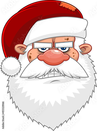 Angry Bad Santa Claus Face Portrait Cartoon Character With Gnash Teeth. Vector Hand Drawn Illustration Isolated On Transparent Background