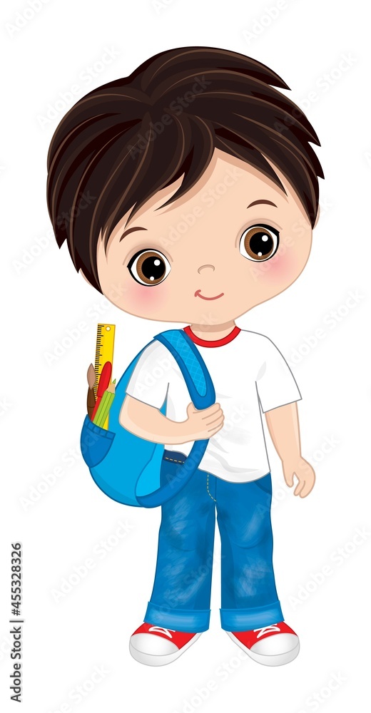 Little Cute School Boy Holding Backpack. Vector School Boy with Rucksack Little Cute School Boy Holding Backpack. Vector School Boy with Rucksack