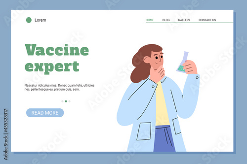 Vector web banner with scientist expert holding glass flask with vaccine or drug