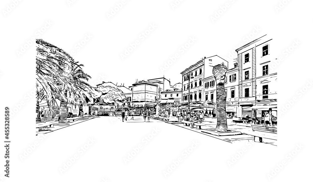 Building view with landmark of La Maddalena is the
commune in Italy. Hand drawn sketch illustration in vector. Building view with landmark of La Maddalena is the
commune in Italy. Hand drawn sketch illustration in vector.