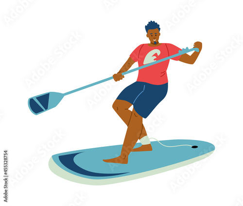 African american man riding on paddleboard flat vector illustration isolated.