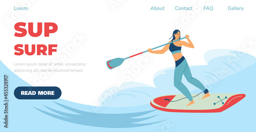 SUP surf or stand up paddling website with surfing woman, vector illustration.