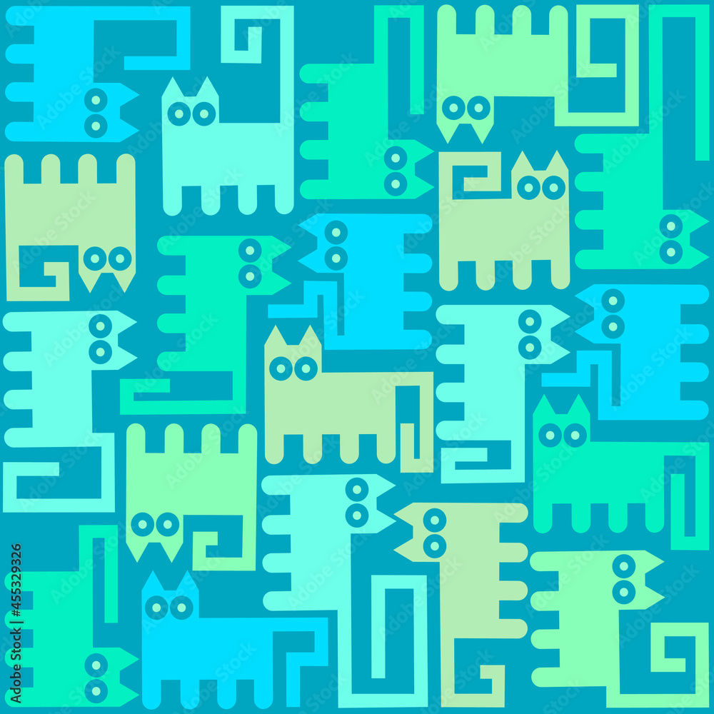 A seamless pattern of abstract cats in the form of a constructor. Mosaic panel of cats of geometrically simple shape