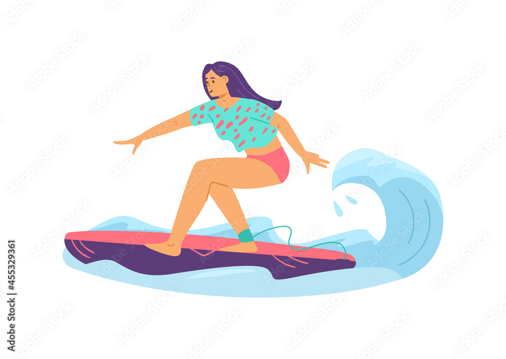 Brave young woman surfing on sea wave, flat vector illustration isolated. Brave young woman surfing on sea wave, flat vector illustration isolated.