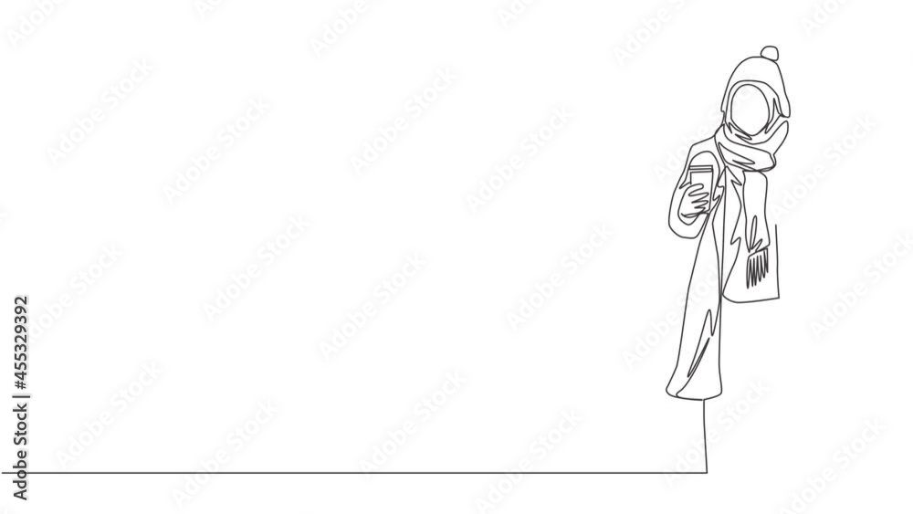 Self drawing animation of single line draw young attractive happy muslimah wear beanie hat hold coffee cup. Beauty Asian woman model in hijab fashion concept continuous line draw. Full length animated Self drawing animation of single line draw young attractive happy muslimah wear beanie hat hold coffee cup. Beauty Asian woman model in hijab fashion concept continuous line draw. Full length animated