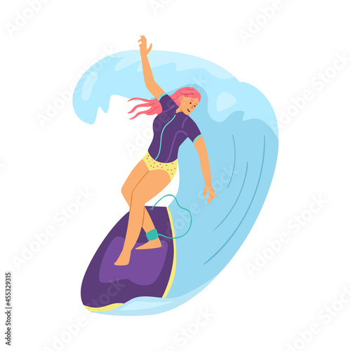 Woman surfer catching waves on surfboard, flat vector illustration isolated.