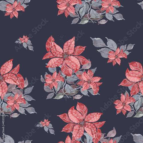 Fototapeta Naklejka Na Ścianę i Meble -  watercolor illustration seamless pattern  flowers with white pattern,gray leaves,for wallpaper,fabric or furniture