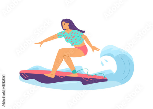 Photography Brave young woman surfing on sea wave, flat vector illustration isolated