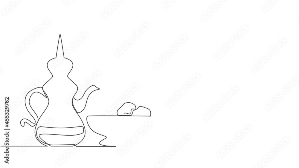 Self drawing animation of one single line draw teapot usually containing Zam zam water and dates fruit on plate. Food and drink to eat after fasting concept continuous line draw. Full length animated.