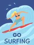 Go surfing banner or poster with surfer riding waves, flat vector illustration.