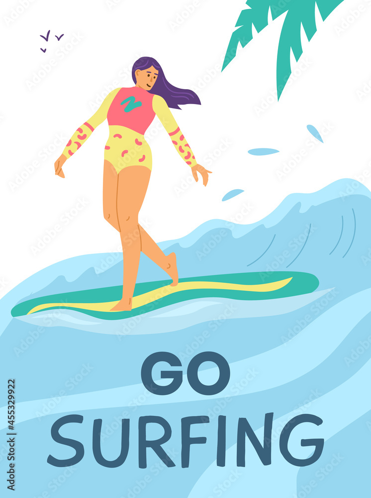 Tropical beach background with female surfer, flat vector illustration.
