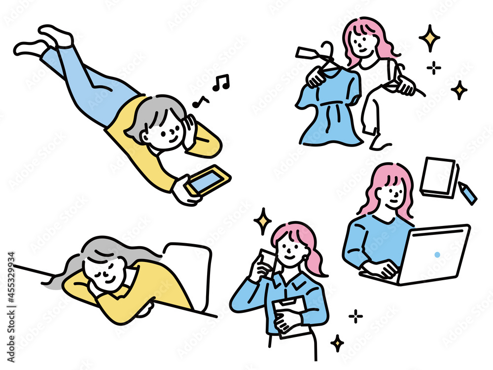 女性のイラスト(居眠り、ぐーたら、ゴロゴロ、ゆったり、寝る、自分磨き、ストレス発散、休日、仕事、ショッピング、憧れ、勉強) Illustrations of ideal and dreamy women . goals, plans, work, shopping, longing, studying 女性のイラスト(居眠り、ぐーたら、ゴロゴロ、ゆったり、寝る、自分磨き、ストレス発散、休日、仕事、ショッピング、憧れ、勉強) Illustrations of ideal and dreamy women . goals, plans, work, shopping, longing, studying