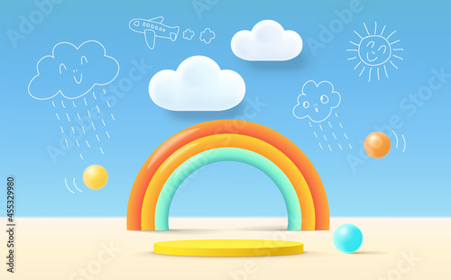 3D rendering podium kid style, colorful background, clouds and weather with empty space for kids or baby product.