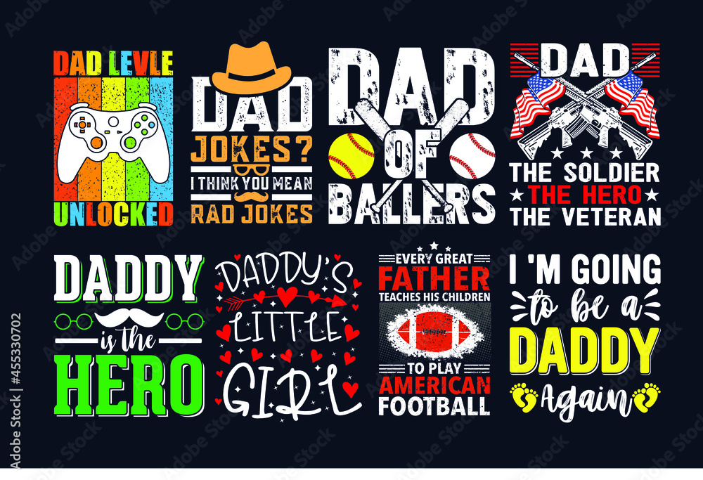 Fathers day gift for dad t-shirt design set. Funny quotes about daddy for prints, posters. Vector vintage illustration.
