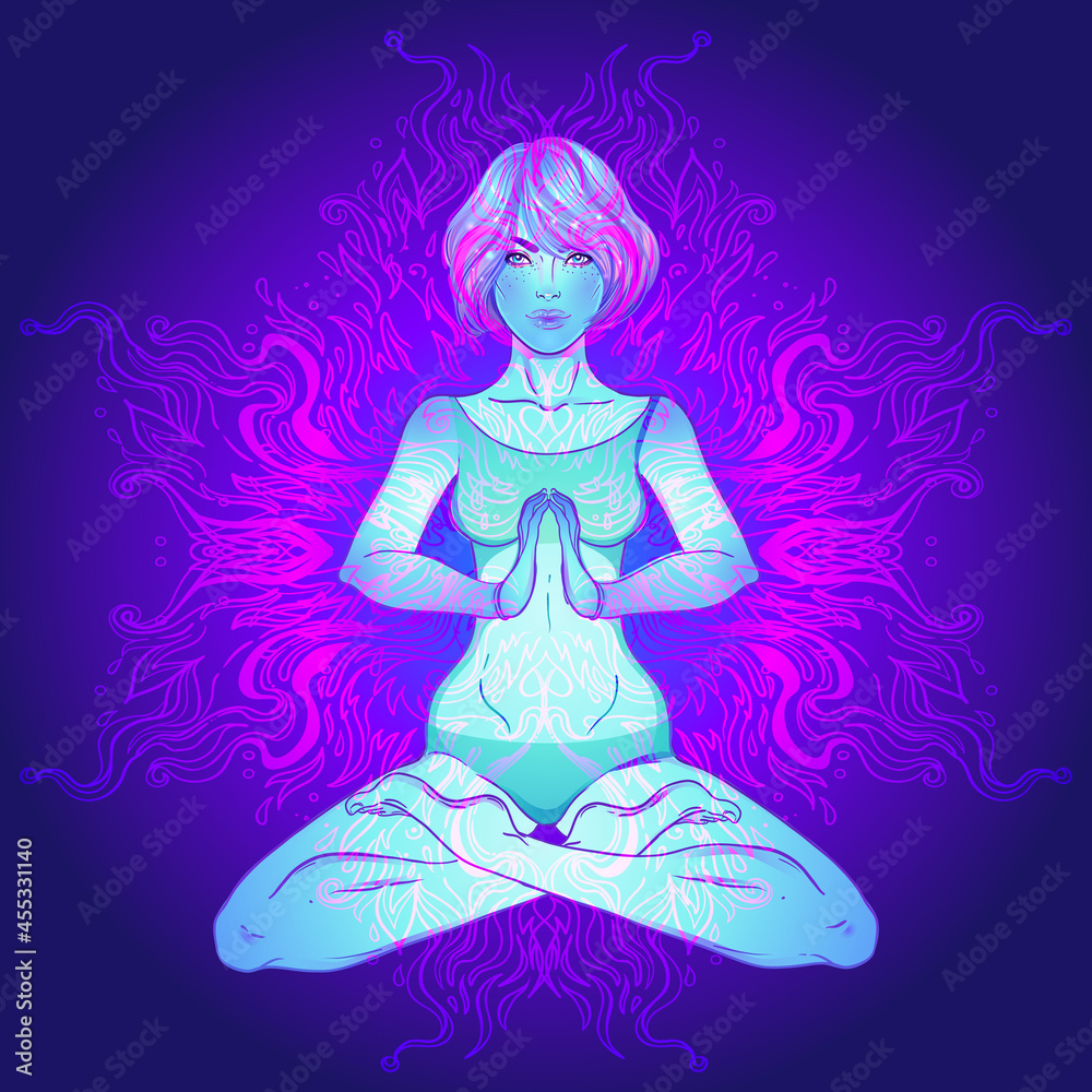 Beautiful Girl sitting in lotus position over ornate colorful neon background. Vector illustration. Psychedelic composition. Buddhism esoteric motifs. Tattoo, spiritual yoga. Beautiful Girl sitting in lotus position over ornate colorful neon background. Vector illustration. Psychedelic composition. Buddhism esoteric motifs. Tattoo, spiritual yoga.