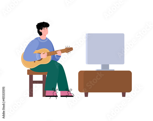 Man plays guitar and watches online music lesson, vector illustration isolated.