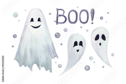 Watercolor cute ghosts. Three hand drawm phantoms on white background isolated. Happy Halloween!