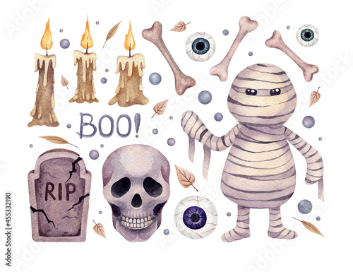 Hand drawn watercolor halloween set. Mummy, candles, eyes, autumn leaves, bones, skull, headstone and another small elements. Nice festive set for your Halloween design.