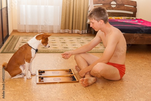 Obraz na płótnie Basenji dog look carefully as young Caucasian man making move while  playing bac