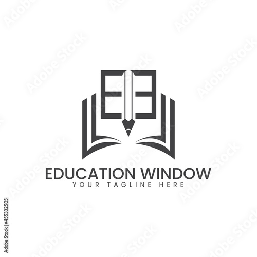 Education window logo vector. Showing window, pencil and book. Simple and modern.