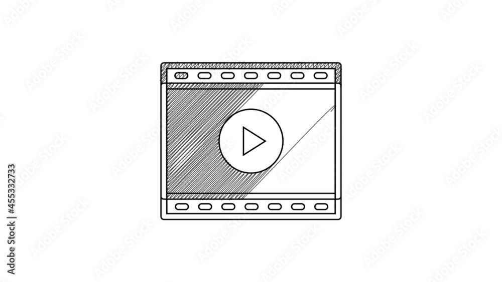 Black line Online play video icon isolated on white background. Film strip with play sign. 4K Video motion graphic animation Black line Online play video icon isolated on white background. Film strip with play sign. 4K Video motion graphic animation