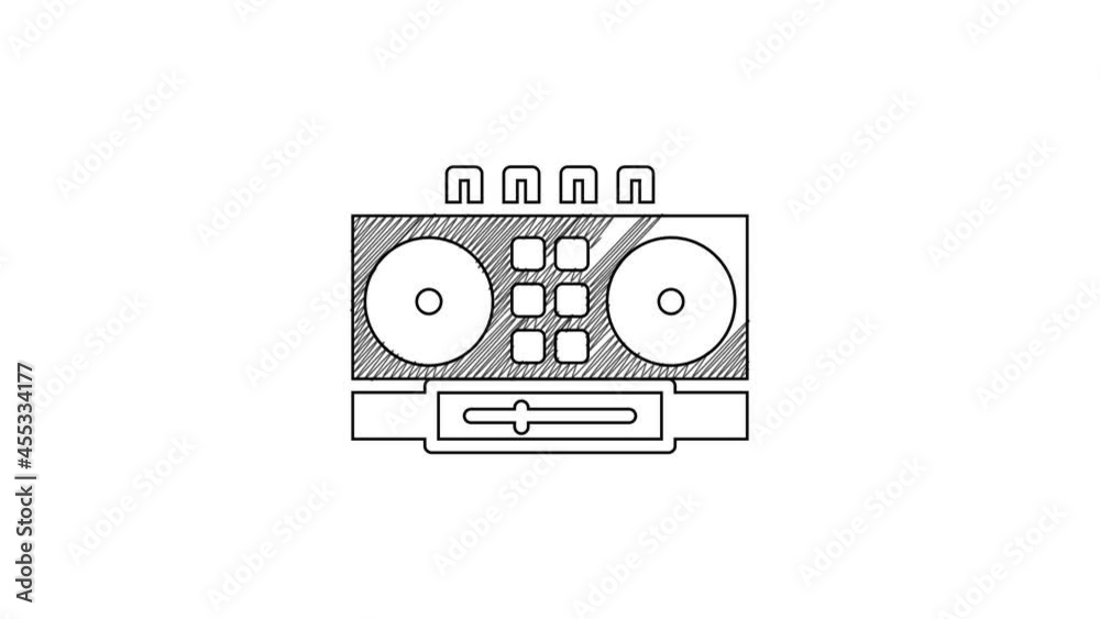 Black line DJ remote for playing and mixing music icon isolated on white background. DJ mixer complete with vinyl player and remote control. 4K Video motion graphic animation Black line DJ remote for playing and mixing music icon isolated on white background. DJ mixer complete with vinyl player and remote control. 4K Video motion graphic animation